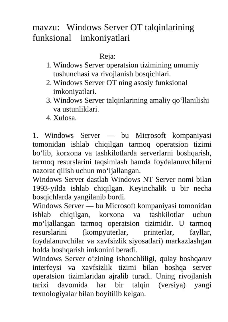 Windows Server OT talqinlarining funksional imkoniyatlari 1
