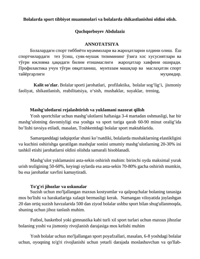 Bolalarda sport tibbiyot muammolari va bolalarda shikastlanishni oldini olish 1