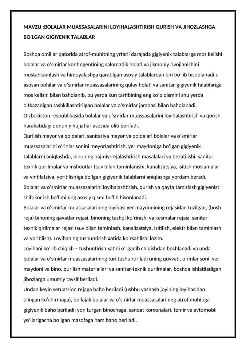 BOLALAR MUASSASALARINI LOYIHALASHTIRISH QURISH VA JIHOZLASHGA BO’LGAN GIGIYENIK TALABLAR 1