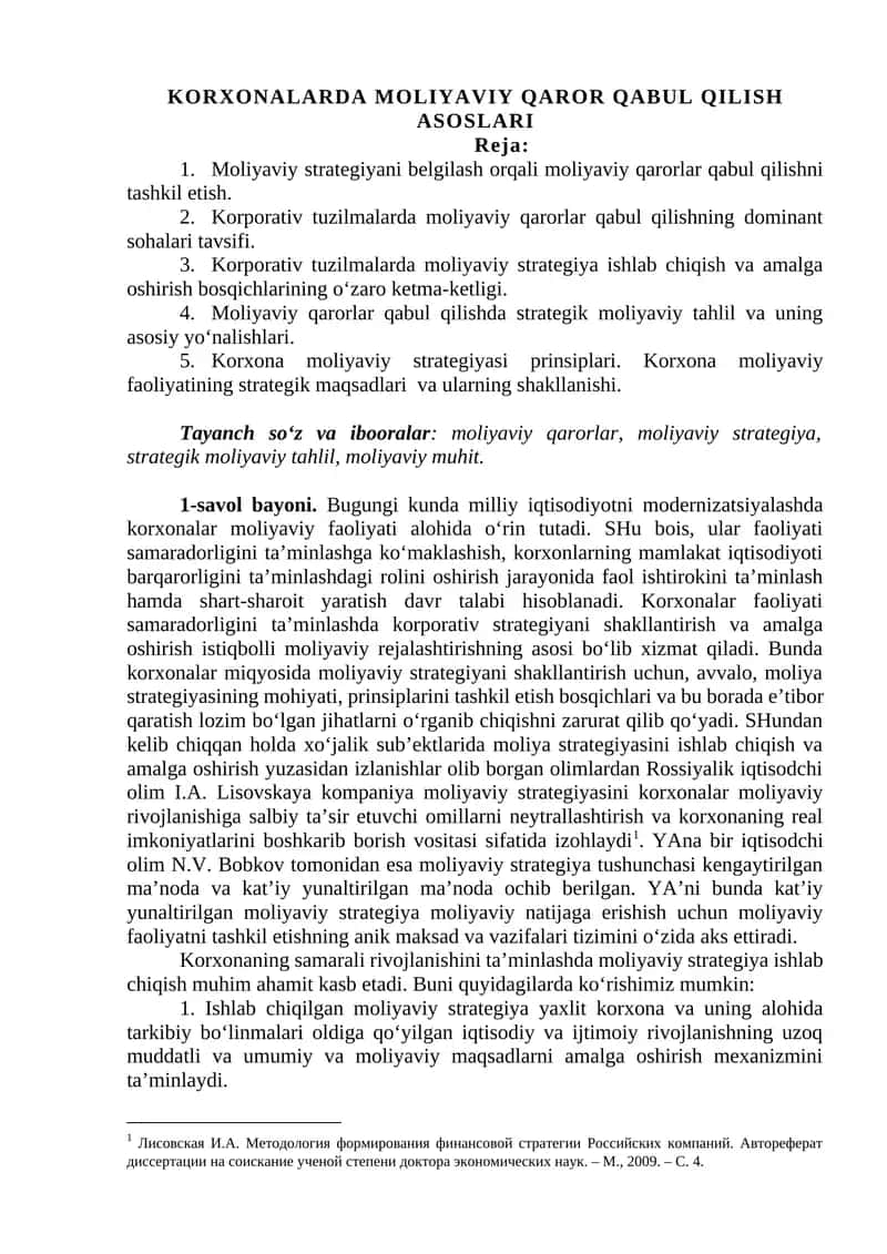 KORXONALARDA MOLIYAVIY QAROR QABUL QILISH ASOSLARI 1