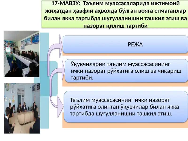 Таълим муассасаларида ижтимоий жиҳатдан ҳавфли аҳволда бўлган вояга етмаганлар билан якка тартибда шуғулланишни ташкил этиш ва назорат қилиш тартиби 1