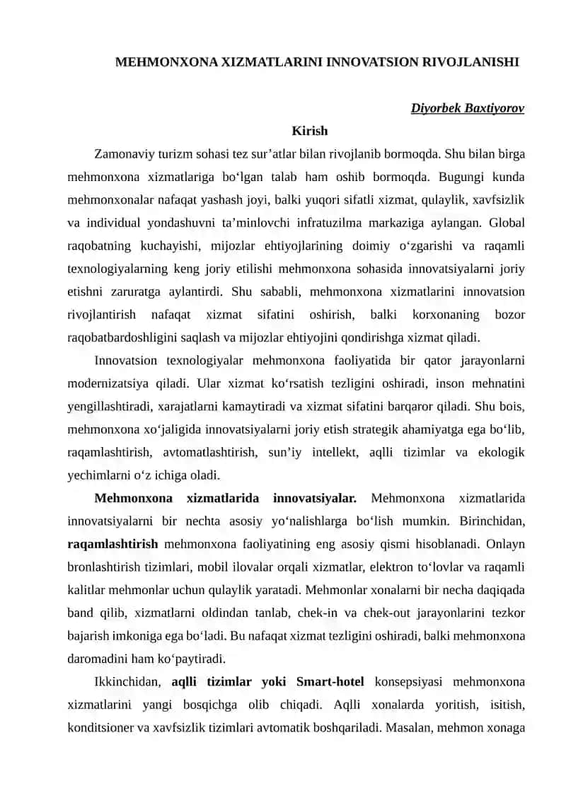 Mehmonxona Xizmatlarini Innovatsion Rivojlantirishi