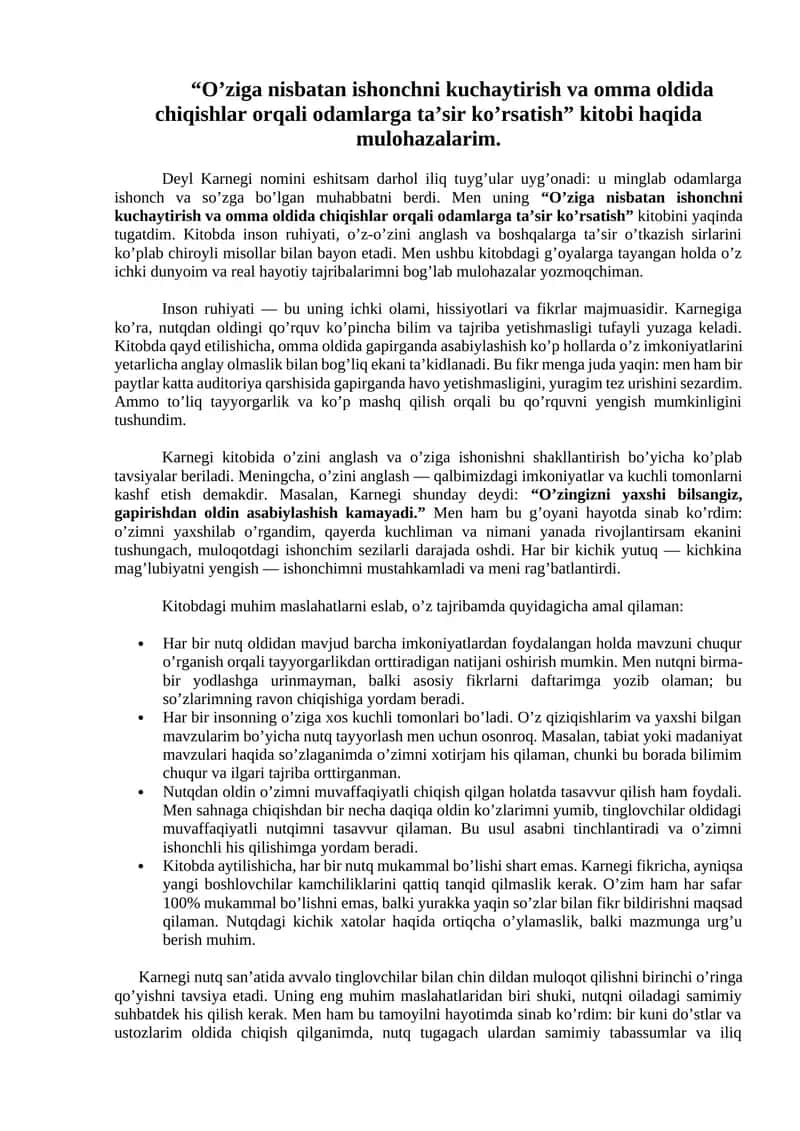 "O’ziga nisbatan ishonchni kuchaytirish va omma oldida chiqishlar orqali odamlarga ta’sir ko’rsatish" kitobi 1
