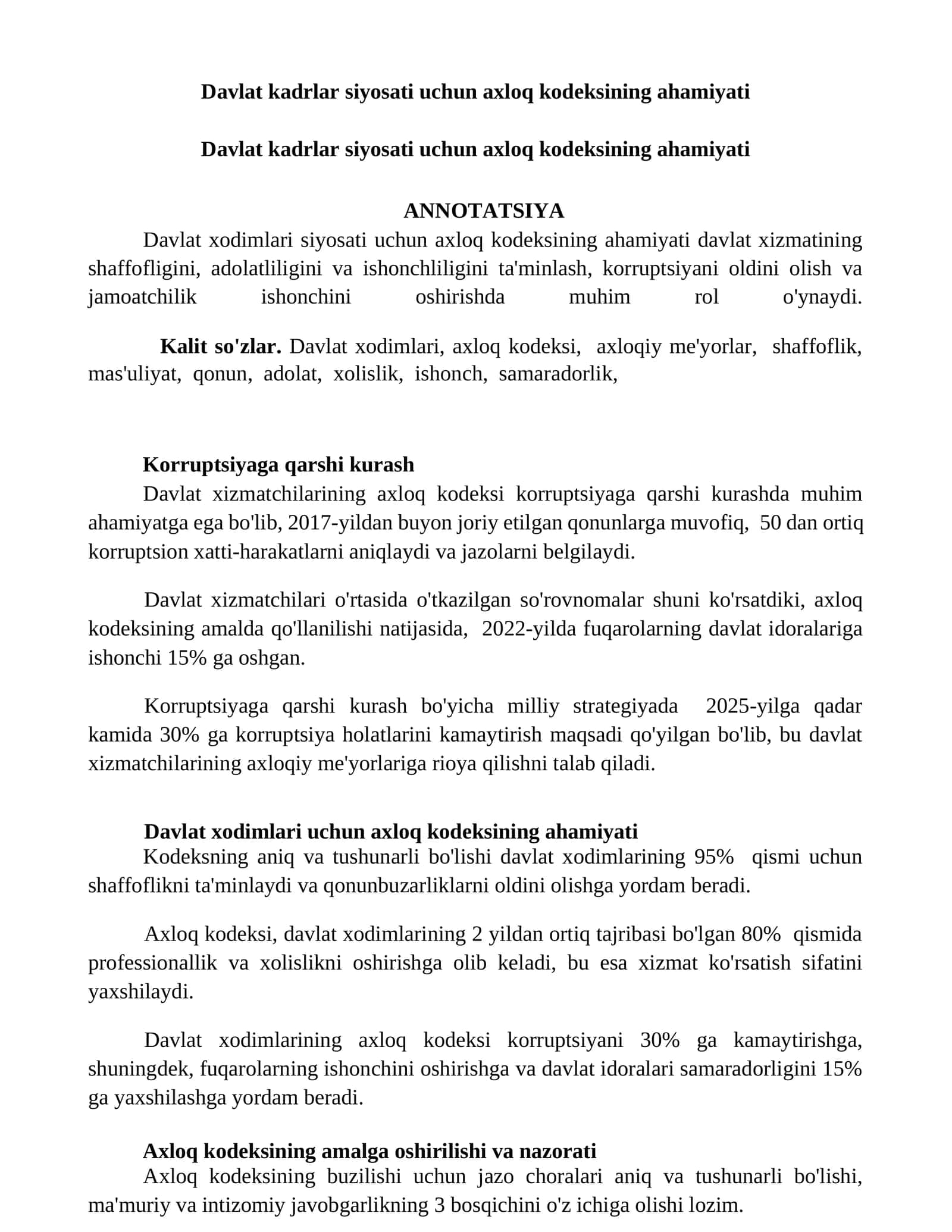 Davlat kadrlar siyosati uchun axloq kodeksining ahamiyati 1