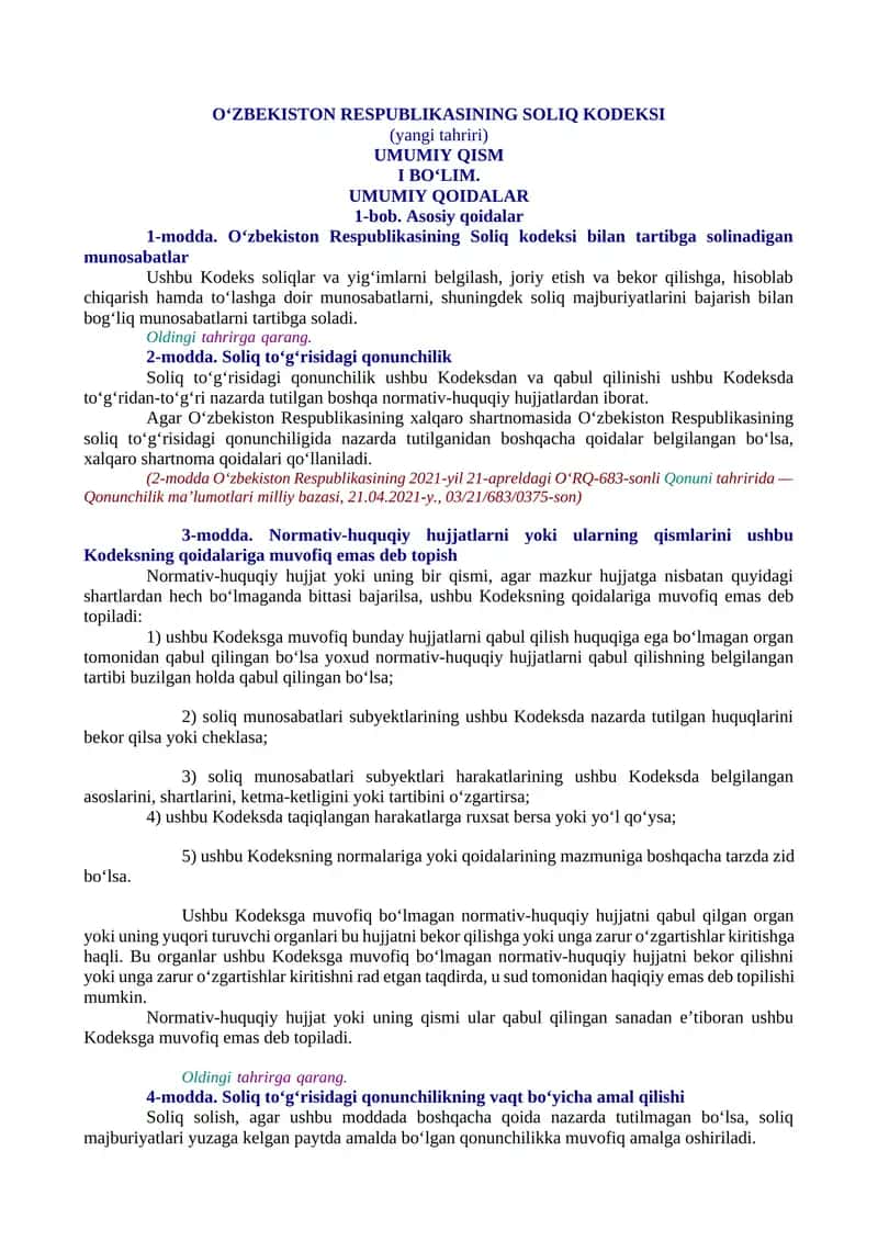 O‘zbekiston Respublikasining Soliq kodeksi (yangi tahriri) 1