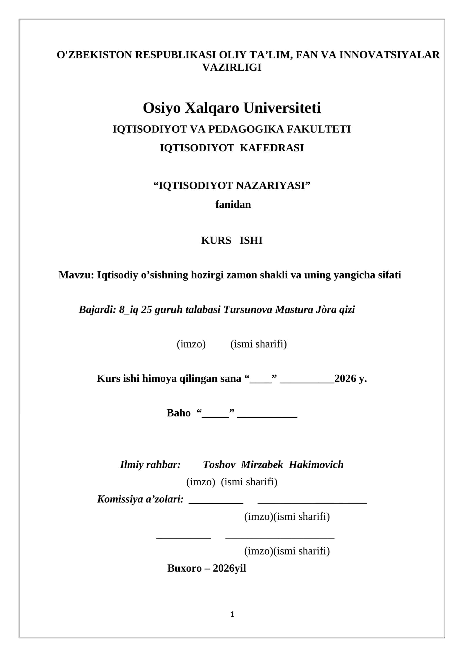 KURS ISHI - IQTISODIYOT NAZARIYASI 1