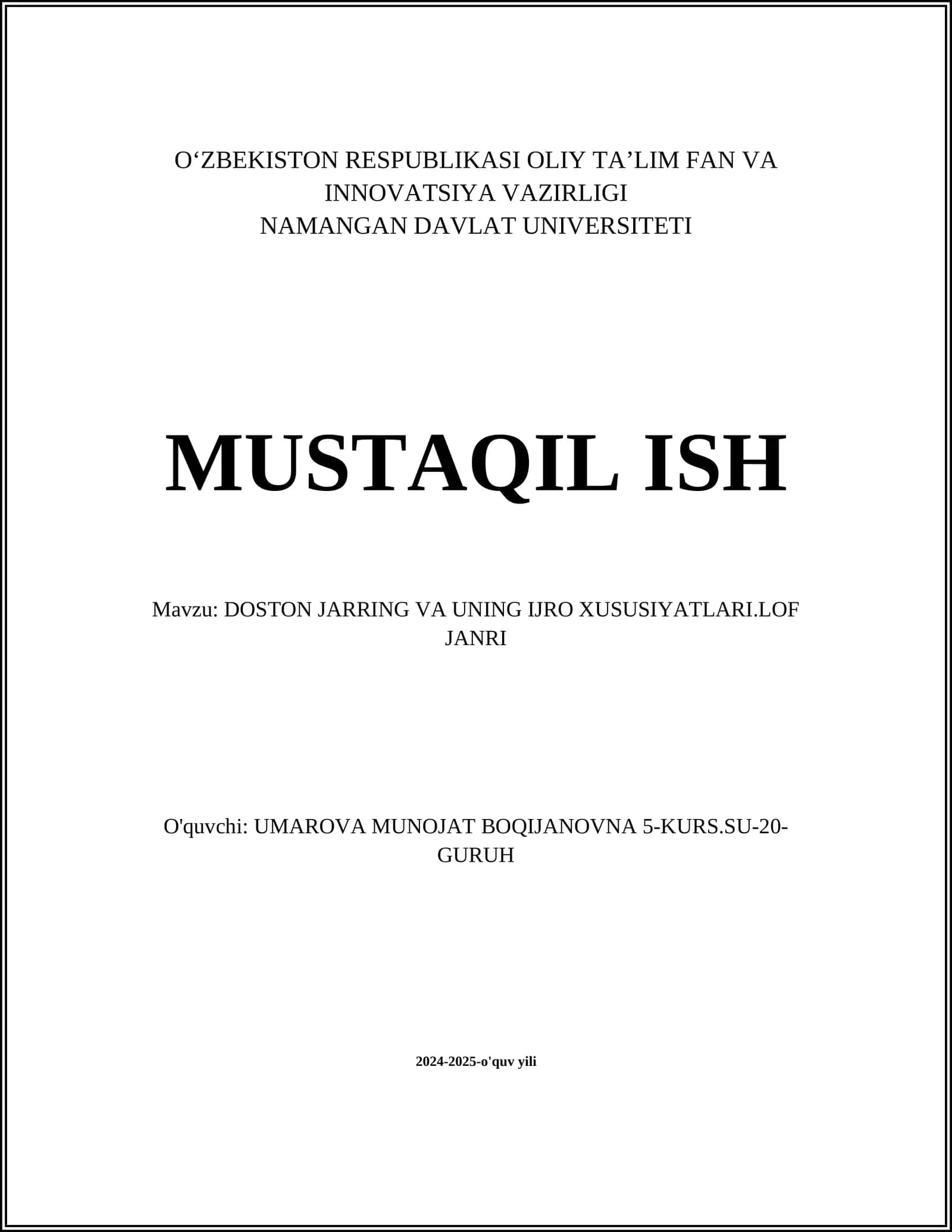 DOSTON JARRING VA UNING IJRO XUSUSIYATLARI.LOF JANRI 1