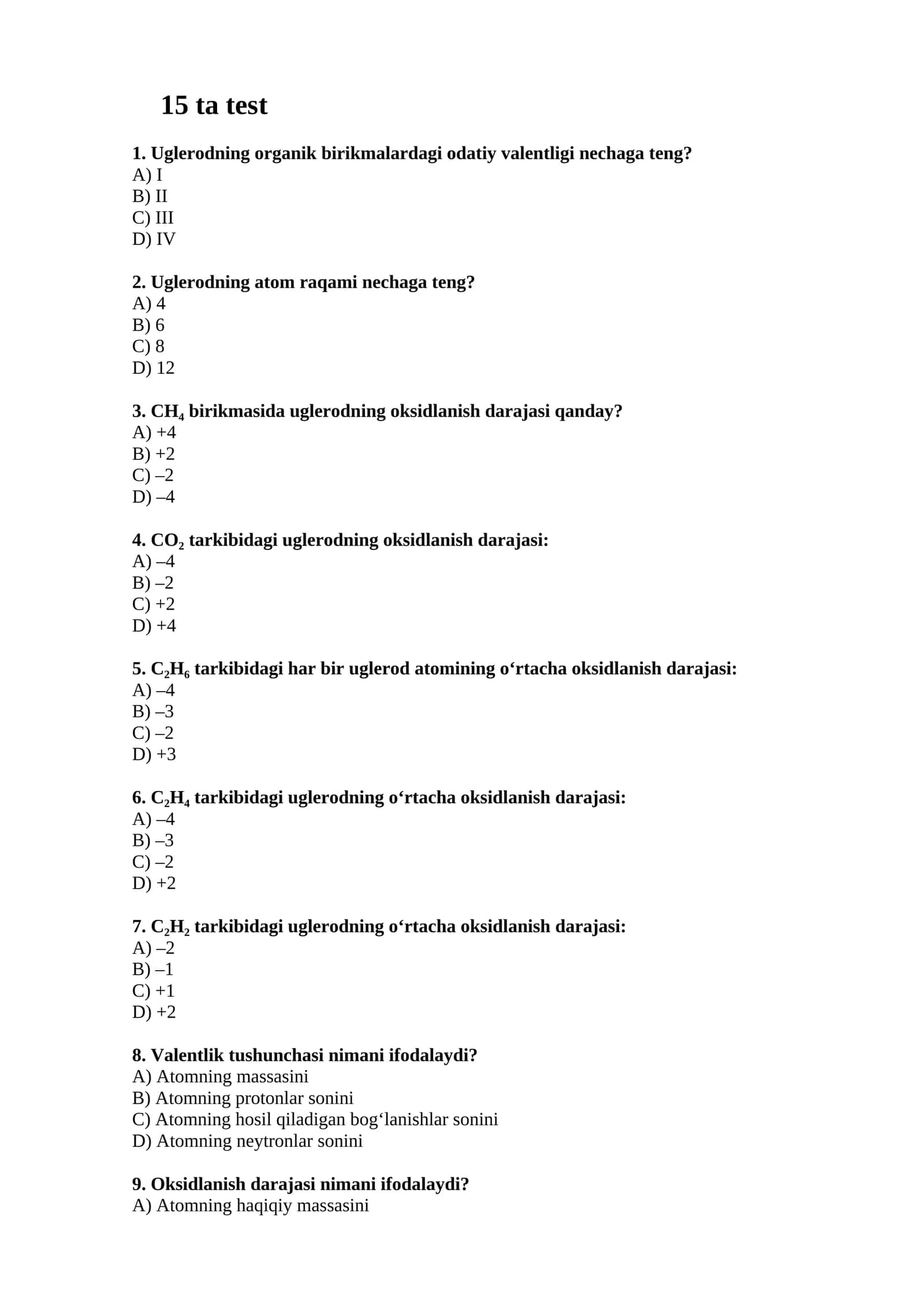 Uglerodning oksidlanish darajasi 1