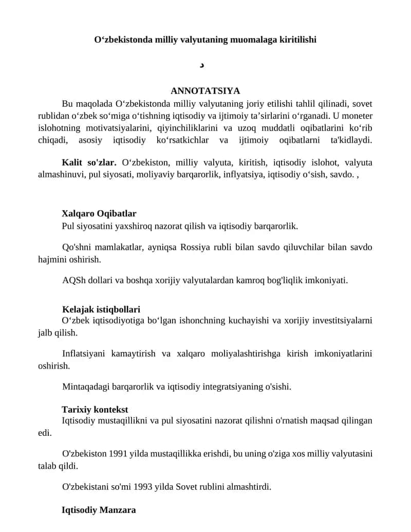 Oʻzbekistonda milliy valyutaning muomalaga kiritilishi 1