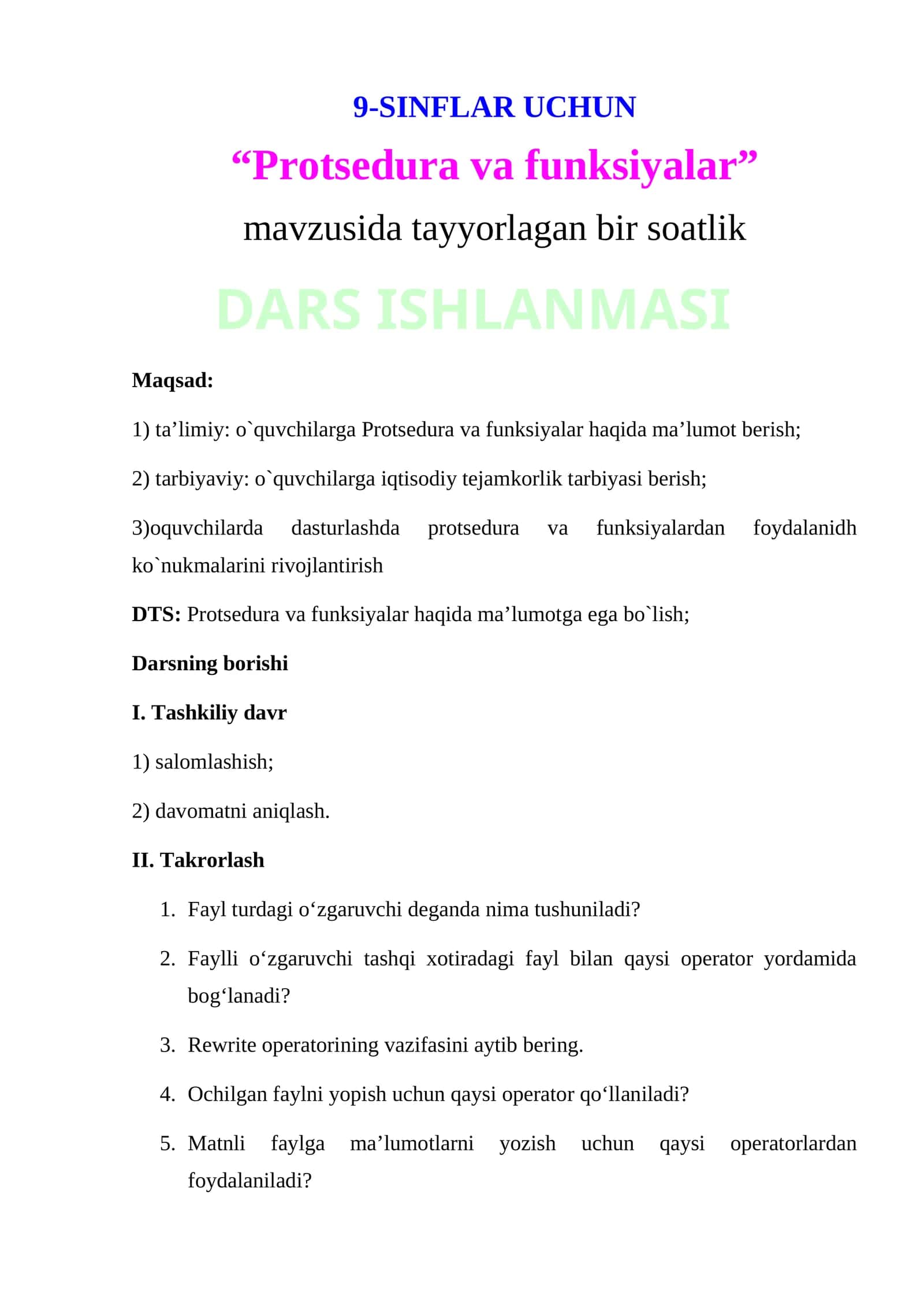 “Protsedura va funksiyalar” 1