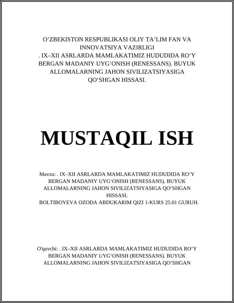 IX–XII ASRLARDA MAMLAKATIMIZ HUDUDIDA RO‘Y BERGAN MADANIY UYG‘ONISH (RENESSANS) 1