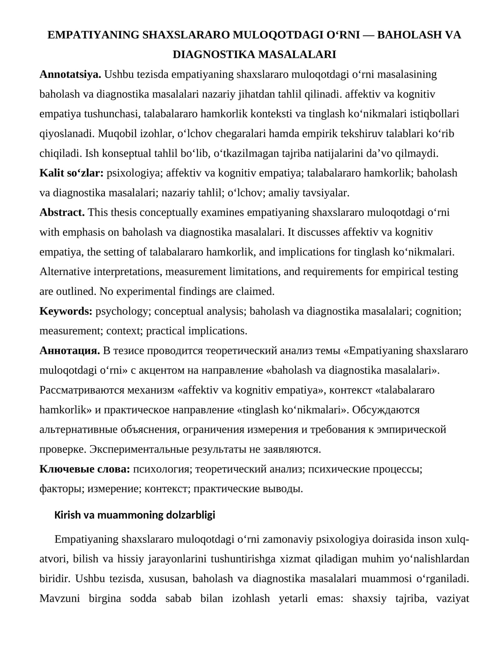 EMPATIYANING SHAXSLARARO MULOQOTDAGI O‘RNI — BAHOLASH VA DIAGNOSTIKA MASALALARI 1