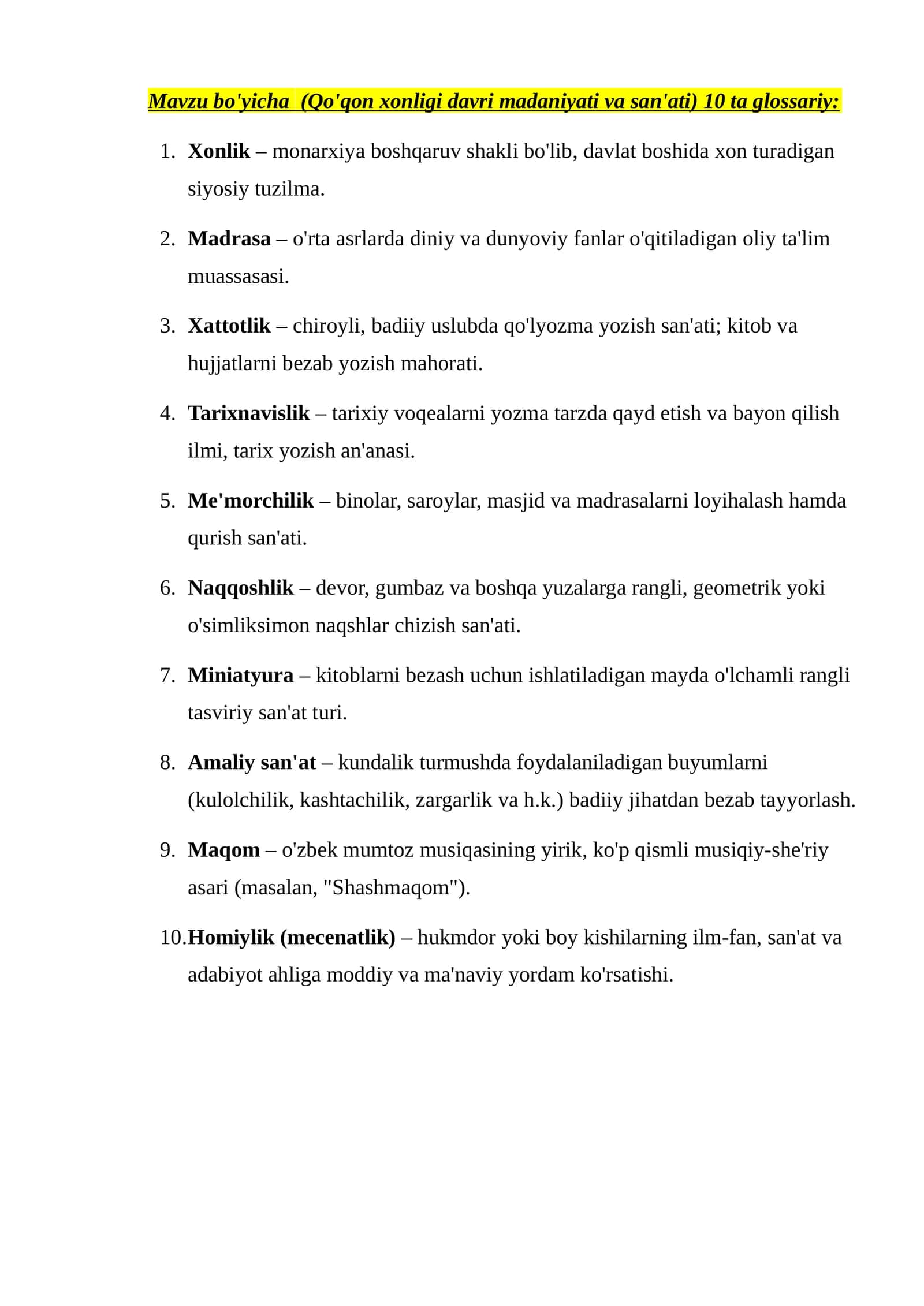 Mavzu bo'yicha (Qo'qon xonligi davri madaniyati va san'ati) 10 ta glossariy 1