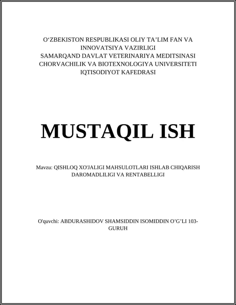 Qishloq xo'jaligi mahsulotlari ishlab chiqarish daromadliligi va rentabelligi 1