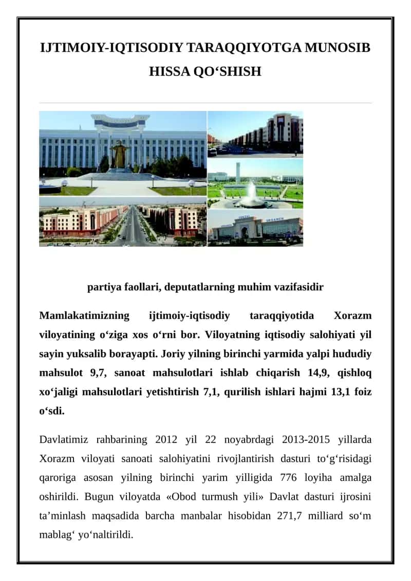 IJTIMOIY-IQTISODIY TARAQQIYOTGA MUNOSIB HISSA QO‘SHISH 1