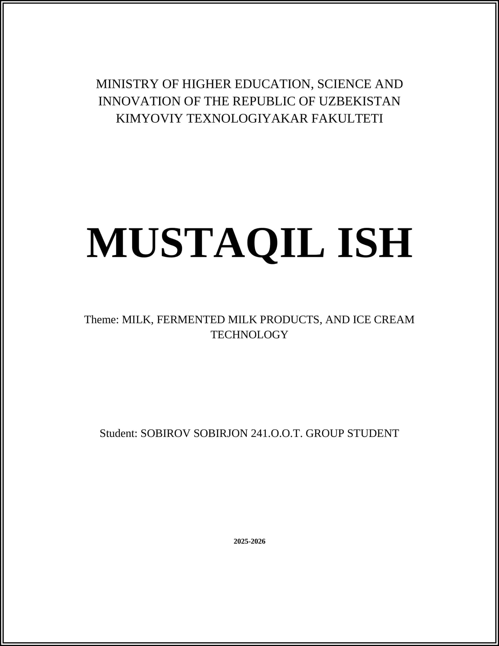 KIMYOVIY TEXNOLOGIYAKAR FAKULTETI MUSTAQIL ISH 1