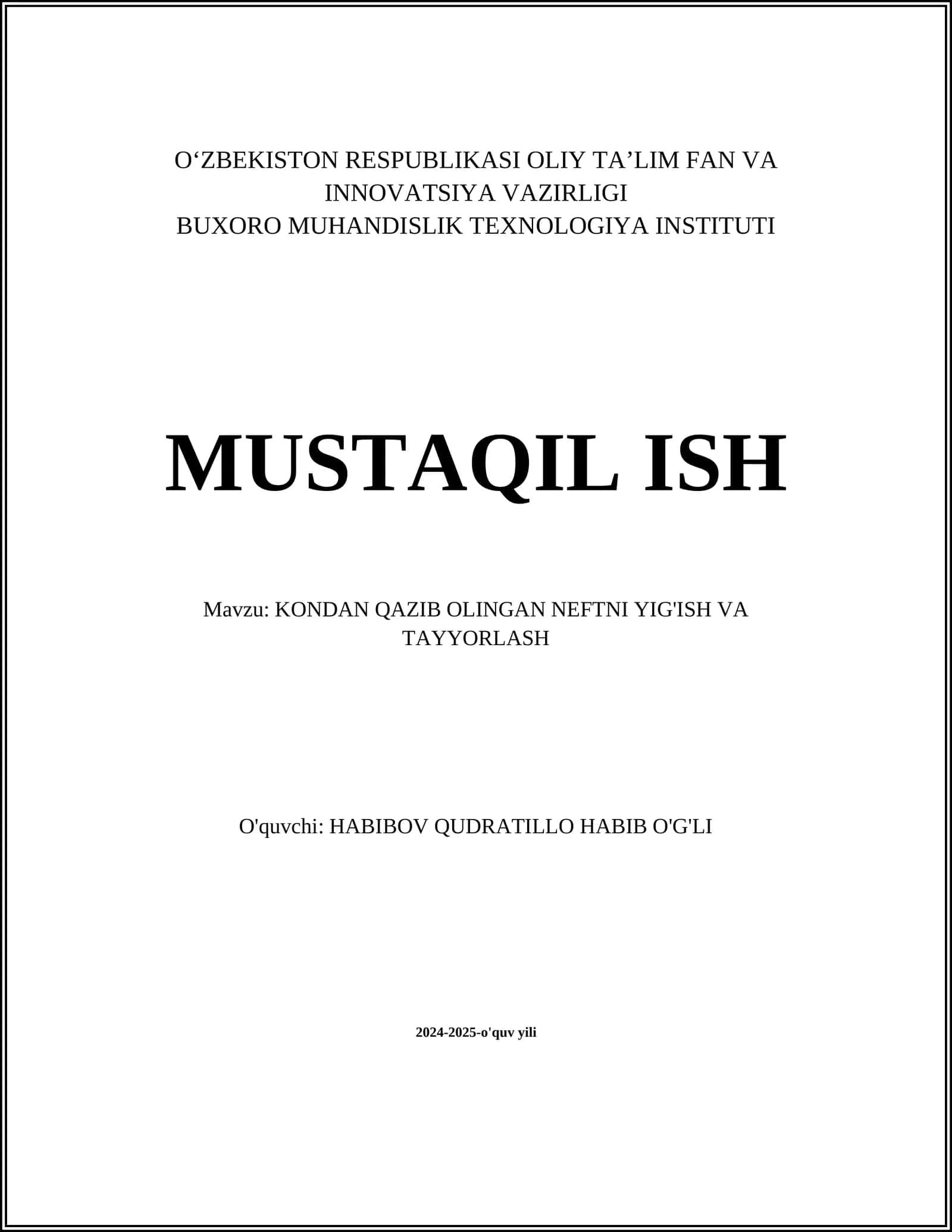 KONDAN QAZIB OLINGAN NEFTNI YIG'ISH VA TAYYORLASH 1