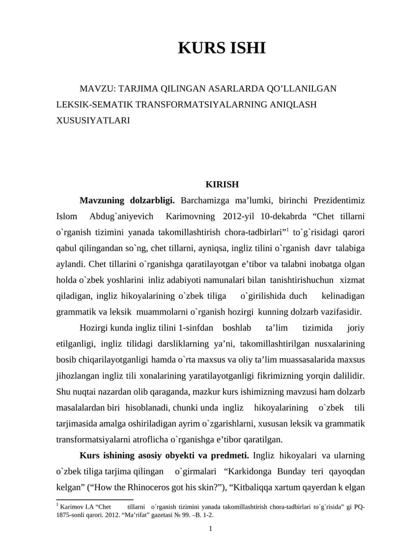 TARJIMA QILINGAN ASARLARDA QO’LLANILGAN LEKSIK-SEMATIK TRANSFORMATSIYALARNING ANIQLASH XUSUSIYATLARI 1