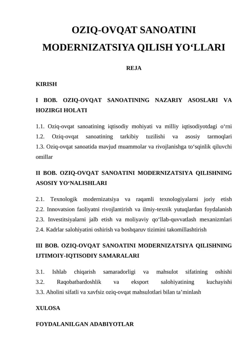 OZIQ-OVQAT SANOATINI MODERNIZATSIYA QILISH YO‘LLARI 1