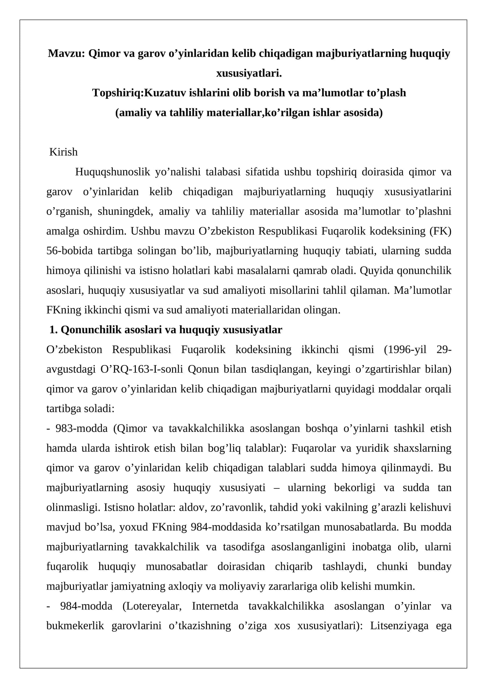 Qimor va garov o’yinlaridan kelib chiqadigan majburiyatlarning huquqiy xususiyatlari 1