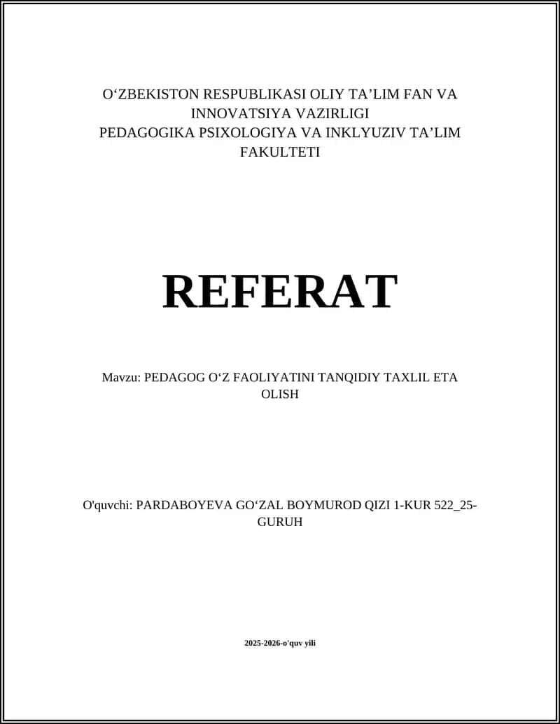 Pedagog oʻz faoliyatini tanqidiy tahlil qilish 1