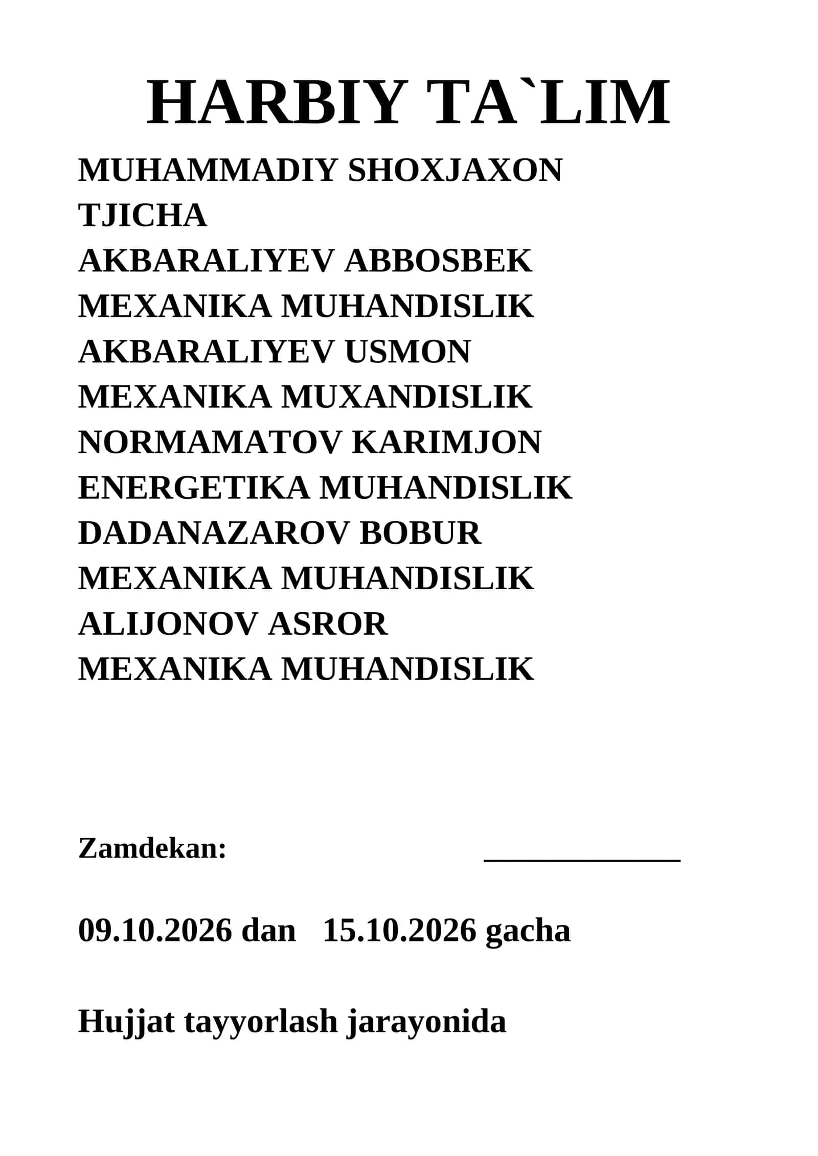 HARBIY TA`LIM MUHAMMADIY SHOXJAXON TJICHA 1
