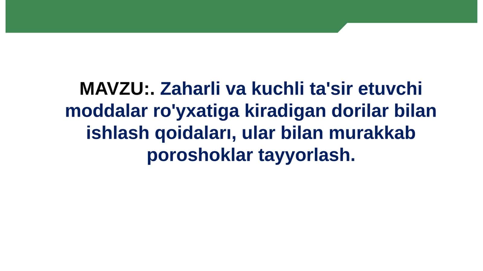 ZAHARLI VA KUCHLI TA'SIR ETUVCHI MODDALAR RO'YXATIGA KIRADIGAN DORILAR BILAN ISHLASH QOIDALARI, ULAR BILAN MURAKKAB POROSHOKLAR TAYYORLASH. 1