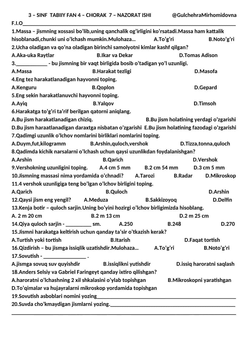 3 – SINF TABIIY FAN 4 – CHORAK 7 – NAZORAT ISHI 1
