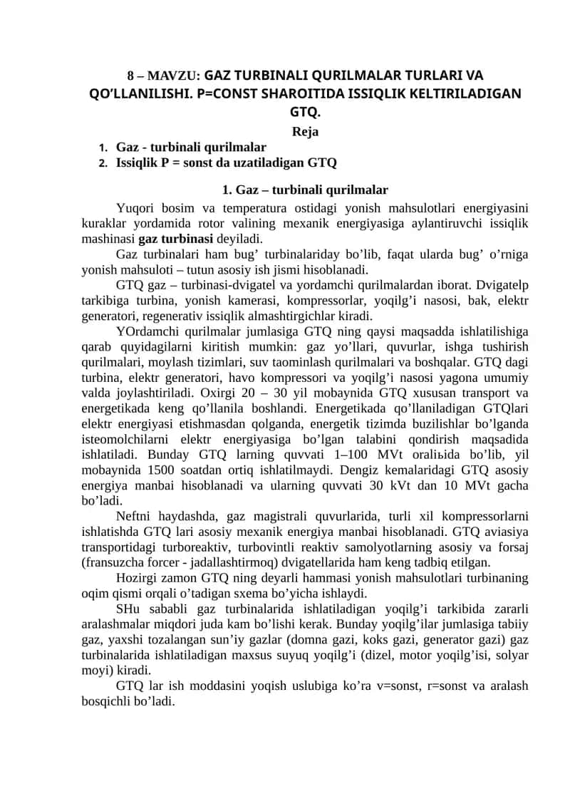 Gaz turbinali qurilmalar turlari va qo’llanilishi 1
