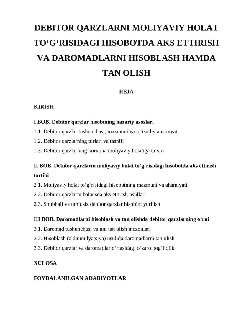 Debitor Qarzlar va Daromadlar Hisobi 1