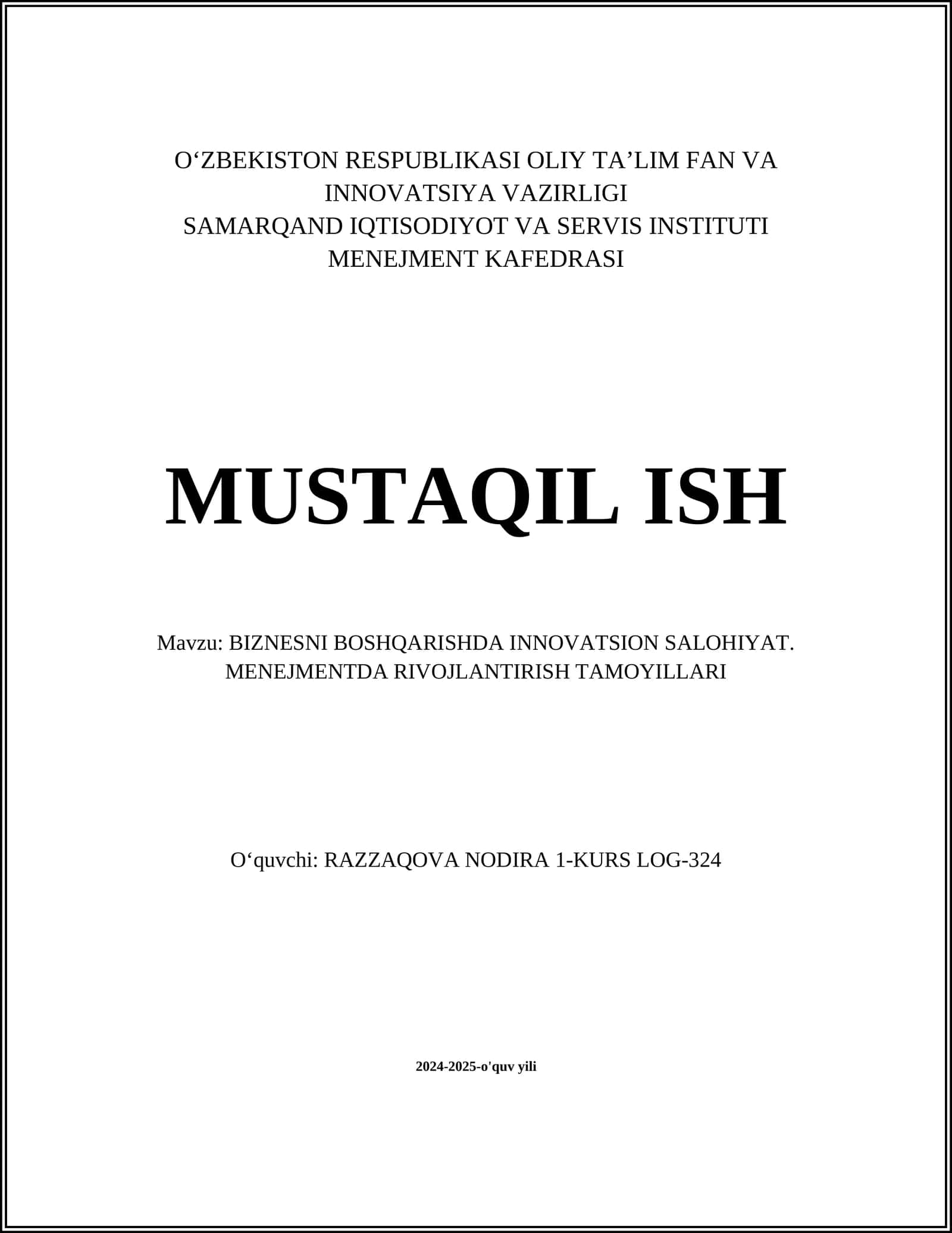 BIZNESNI BOSHQARISHDA INNOVATSION SALOHIYAT. MENEJMENTDA RIVOJLANTIRISH TAMOYILLARI 1