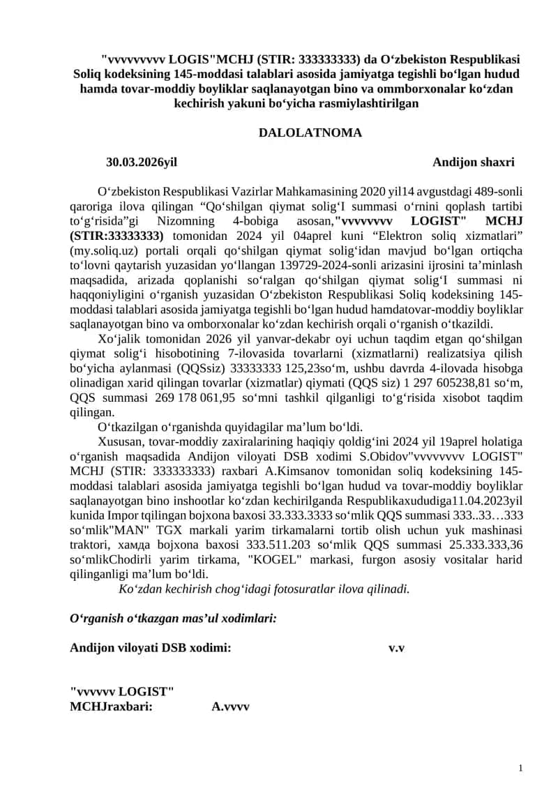 O‘zbekiston Respublikasi Soliq kodeksining 145-moddasi talablari asosida jamiyatga tegishli bo‘lgan hudud hamda tovar-moddiy boyliklar saqlanayotgan bino va ommborxonalar ko‘zdan kechirish yakuni bo‘yicha rasmiylashtirilgan 1