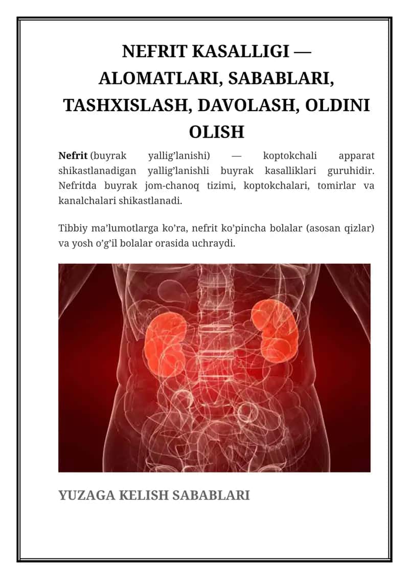 NEFRIT KASALLIGI — ALOMATLARI, SABABLARI, TASHXISLASH, DAVOLASH, OLDINI OLISH 1