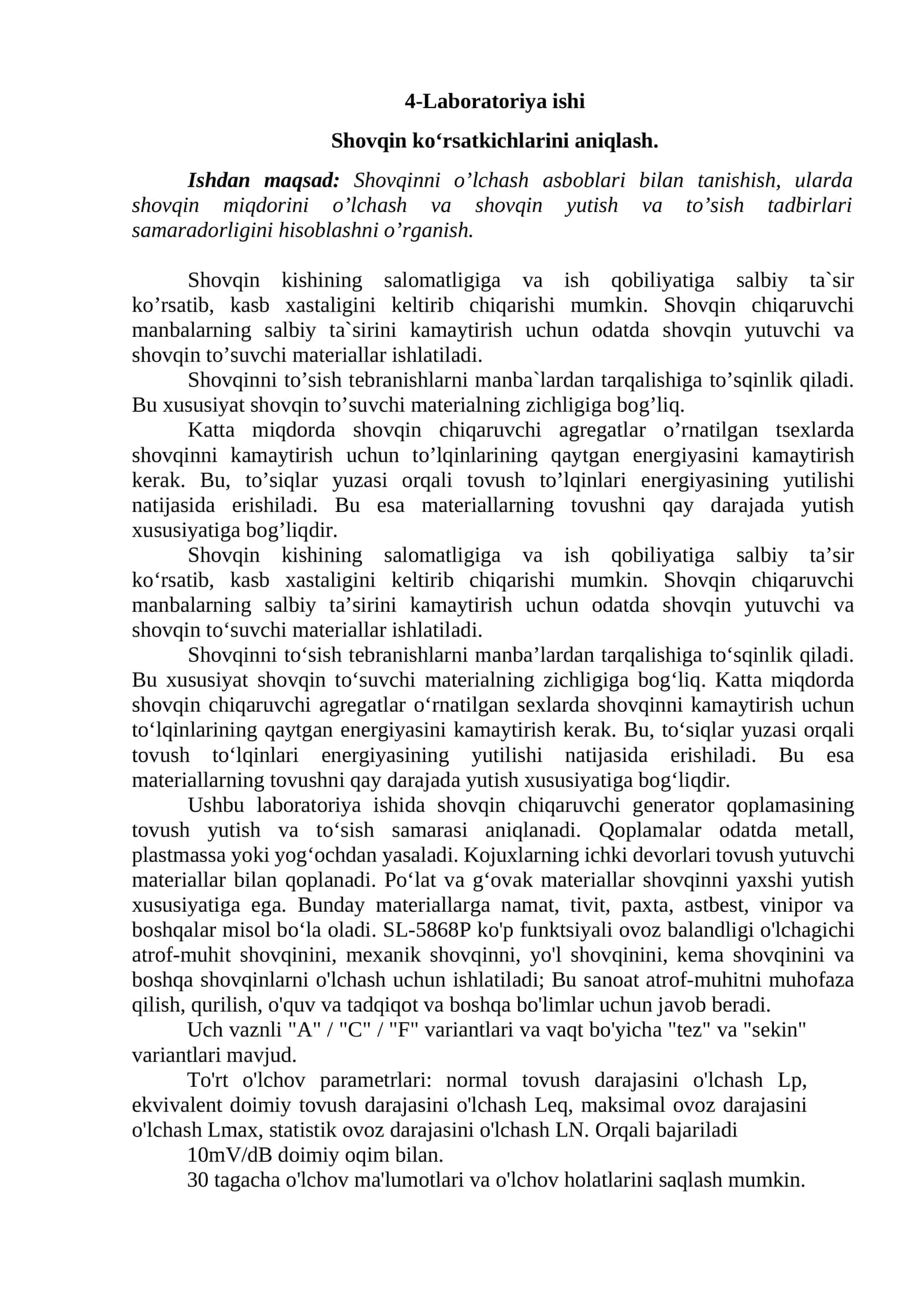 Shovqin ko‘rsatkichlarini aniqlash. 1