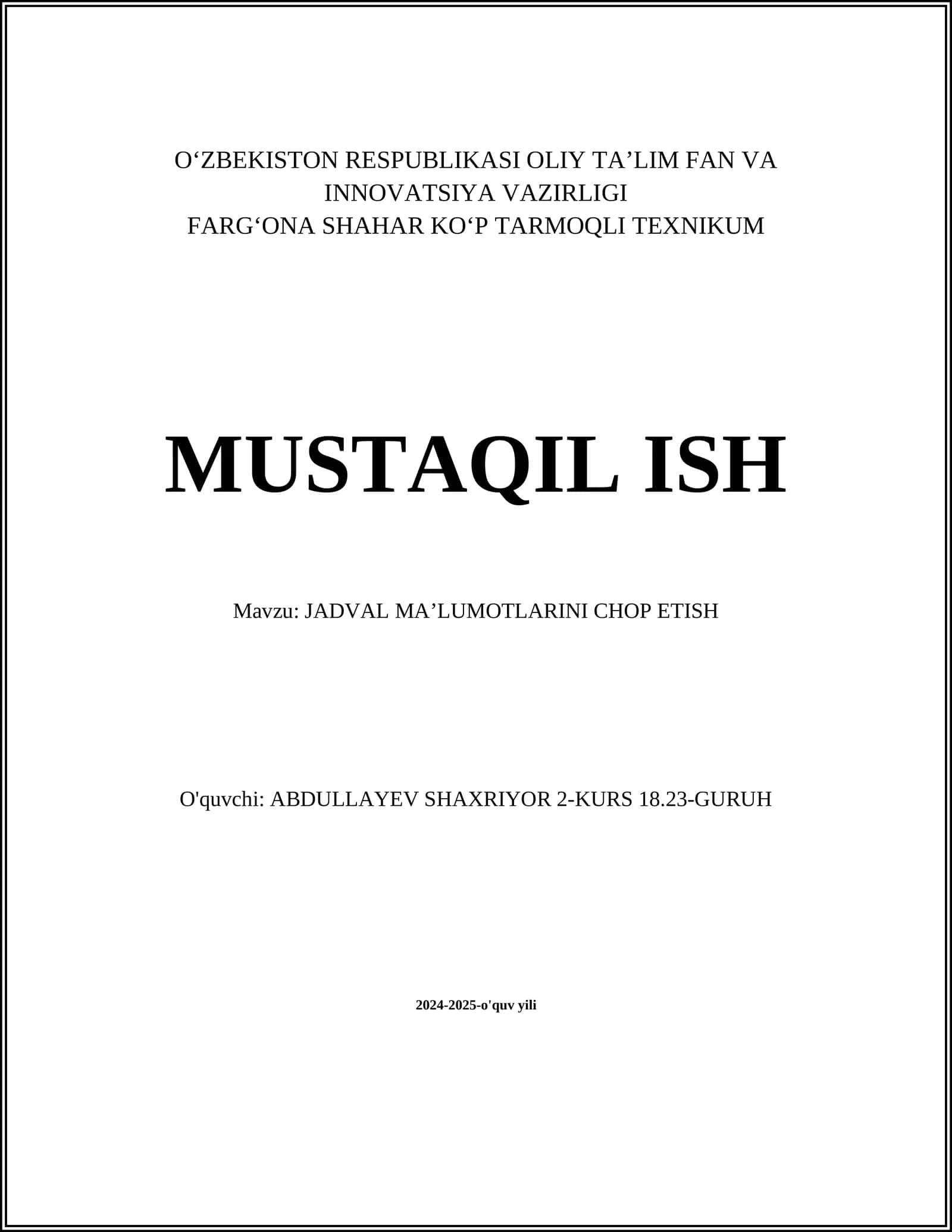 JADVAL MAʼLUMOTLARINI CHOP ETISH 1