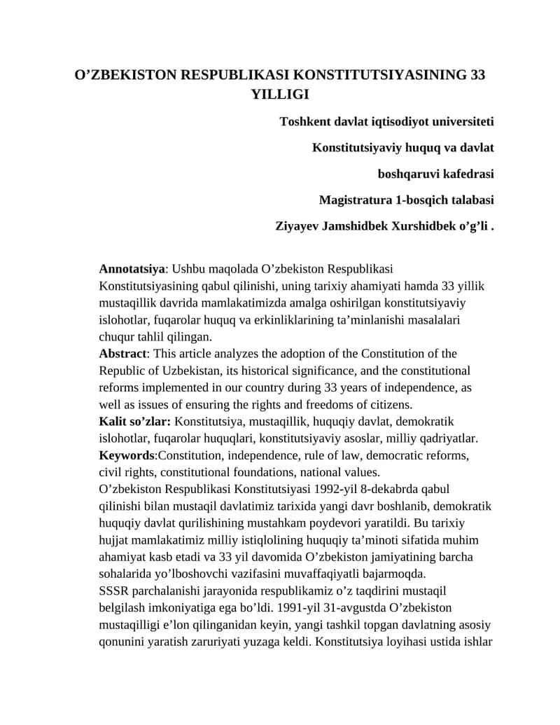 O’ZBEKISTON RESPUBLIKASI KONSTITUTSIYASINING 33 YILLIGI 1
