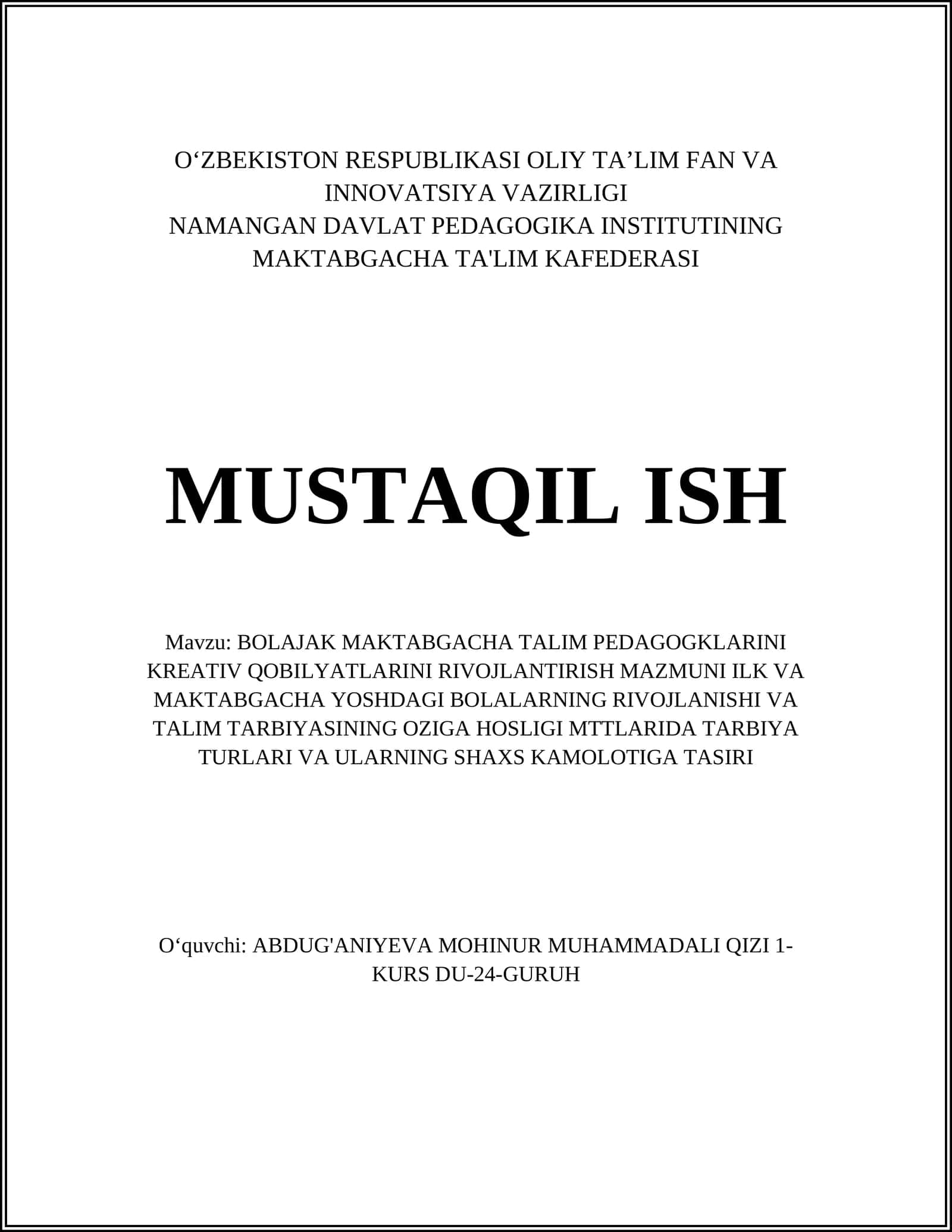 BOLAJAK MAKTABGACHA TALIM PEDAGOGKLARINI KREATIV QOBILYATLARINI RIVOJLANTIRISH 1