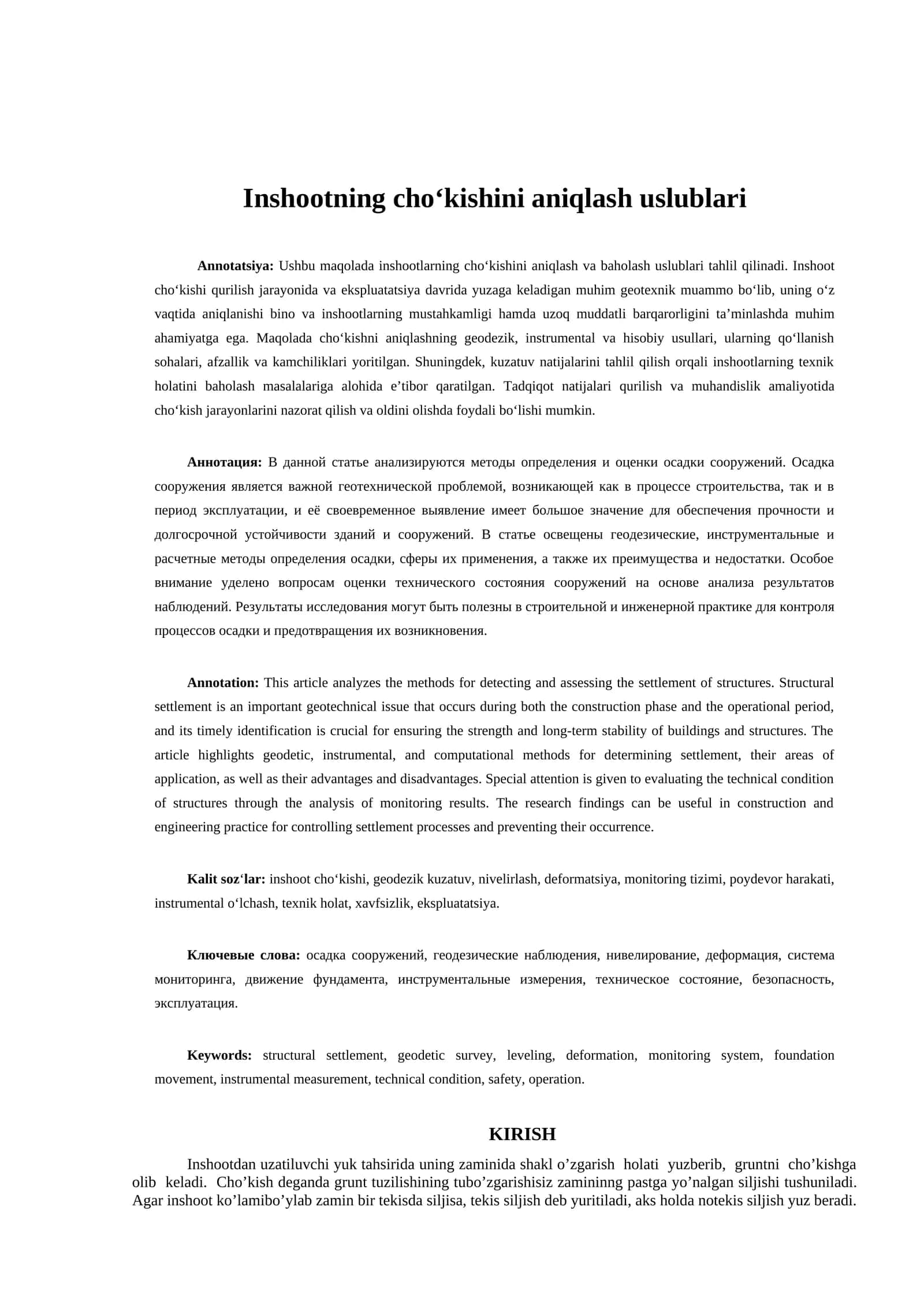 Inshootning cho‘kishini aniqlash uslublari 1