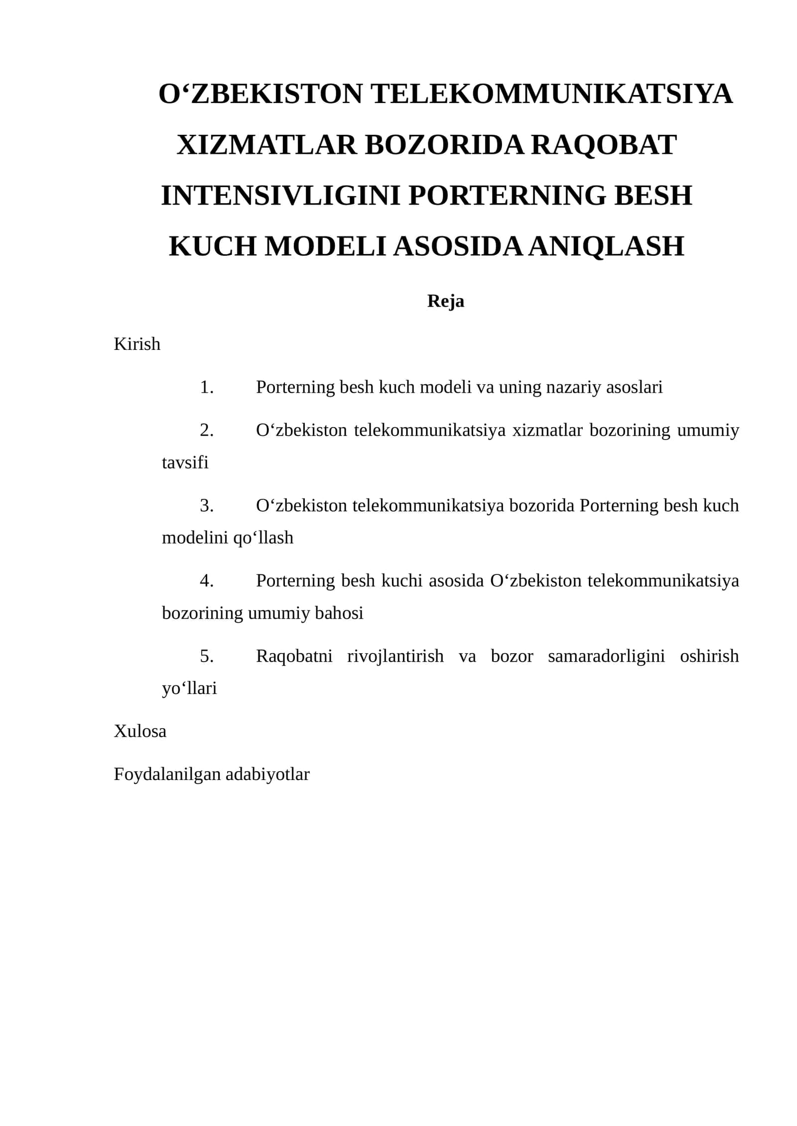 Porterning besh kuch modeli va O‘zbekiston telekommunikatsiya bozori 1
