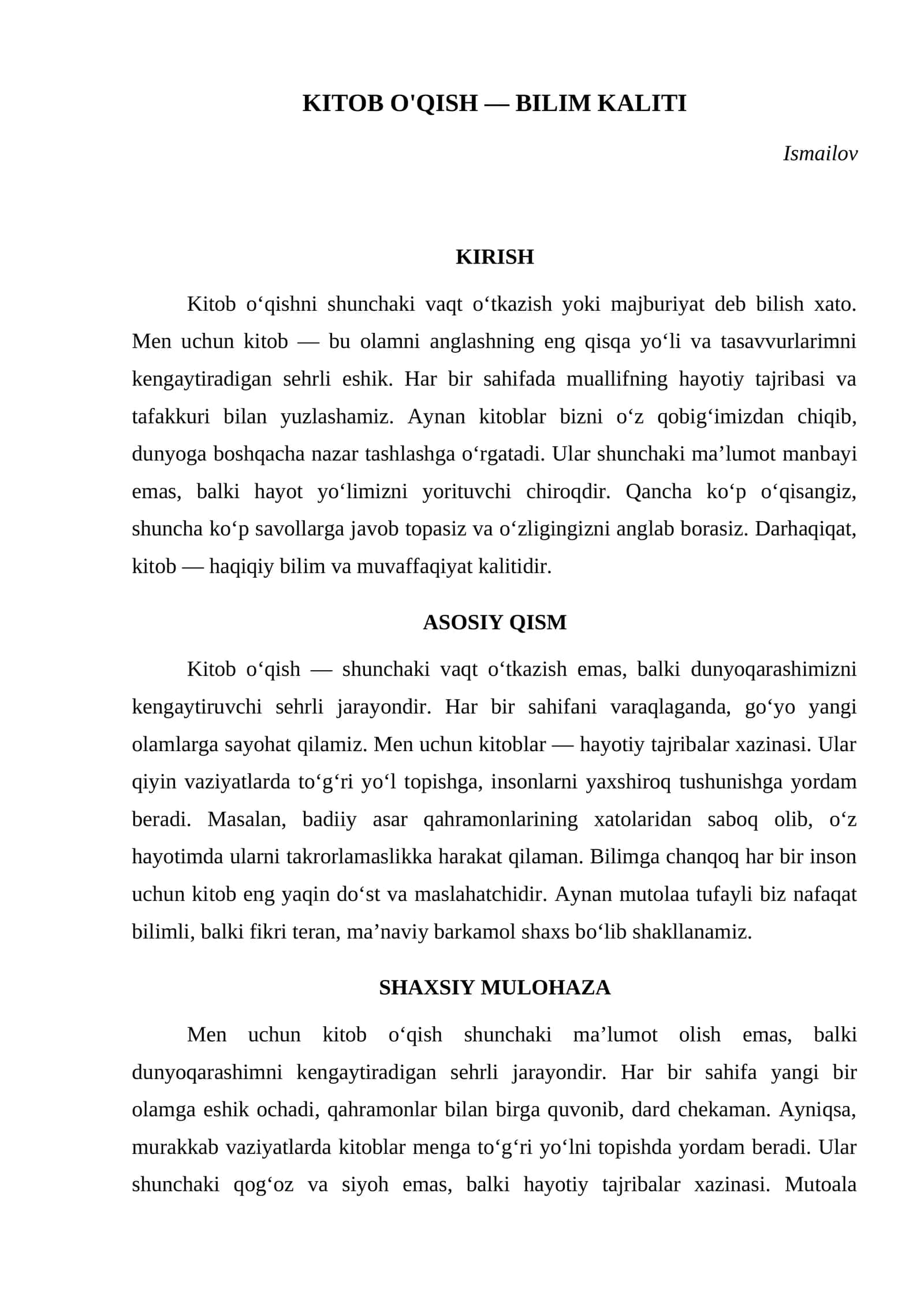 KITOB O'QISH — BILIM KALITI 1