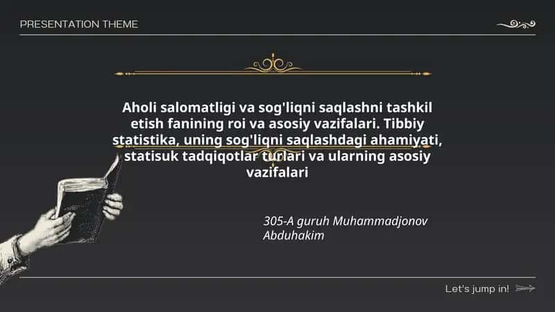 Aholi salomatligi va sog'liqni saqlashni tashkil etish fanining roi va asosiy vazifalari. Tibbiy statistika, uning sog'liqni saqlashdagi ahamiyati, statisuk tadqiqotlar turlari va ularning asosiy vazifalari 1
