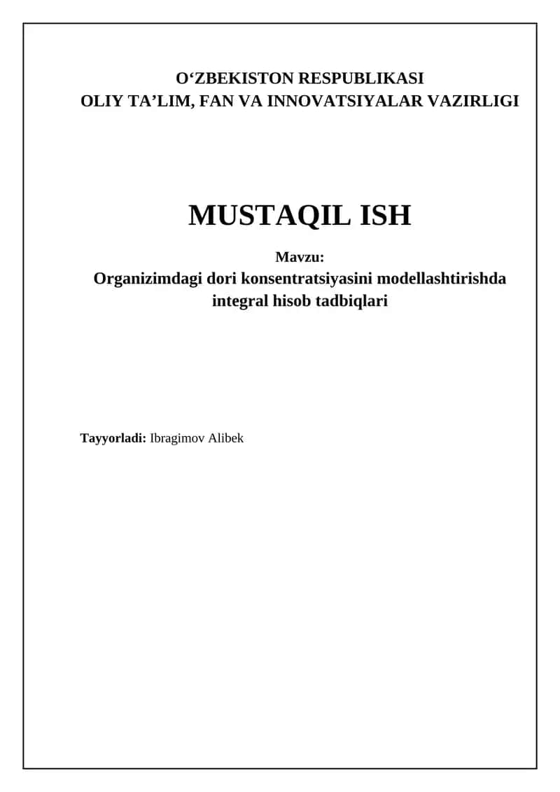 Organizimdagi dori konsentratsiyasini modellashtirishda integral hisob tadbiqlari 1