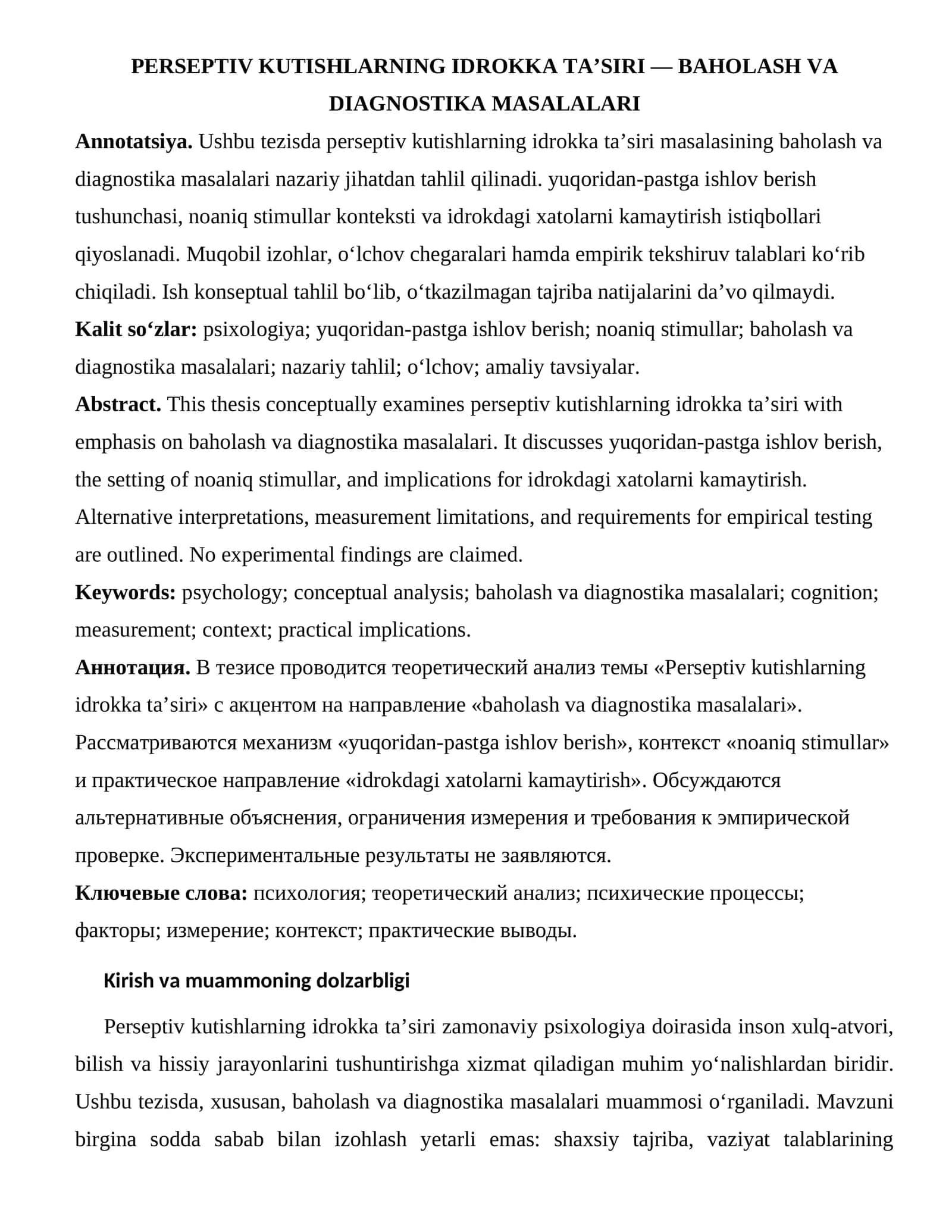 PERSEPTIV KUTISHLARNING IDROKKA TA’SIRI — BAHOLASH VA DIAGNOSTIKA MASALALARI 1