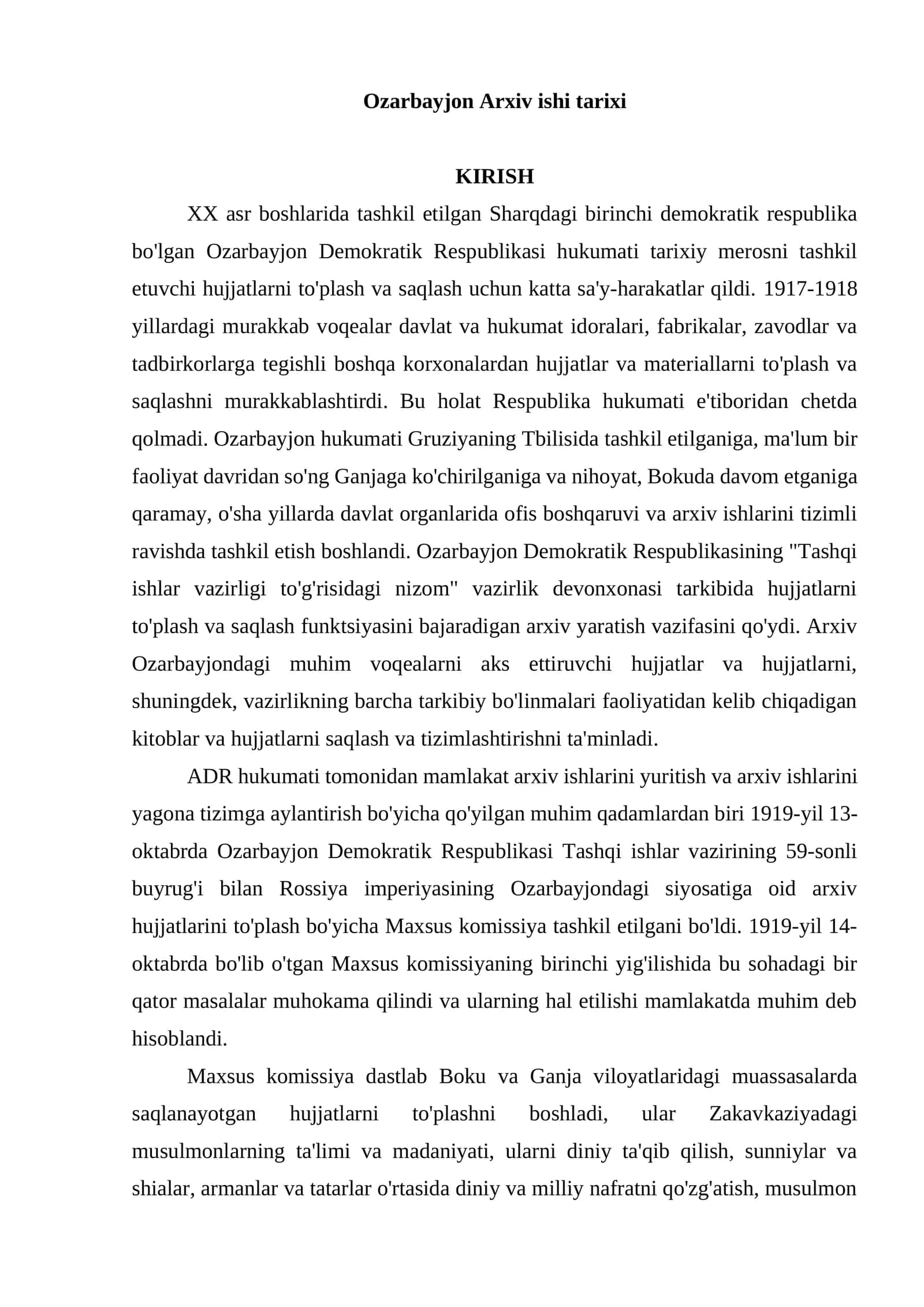 Ozarbayjon Arxiv ishi tarixi 1