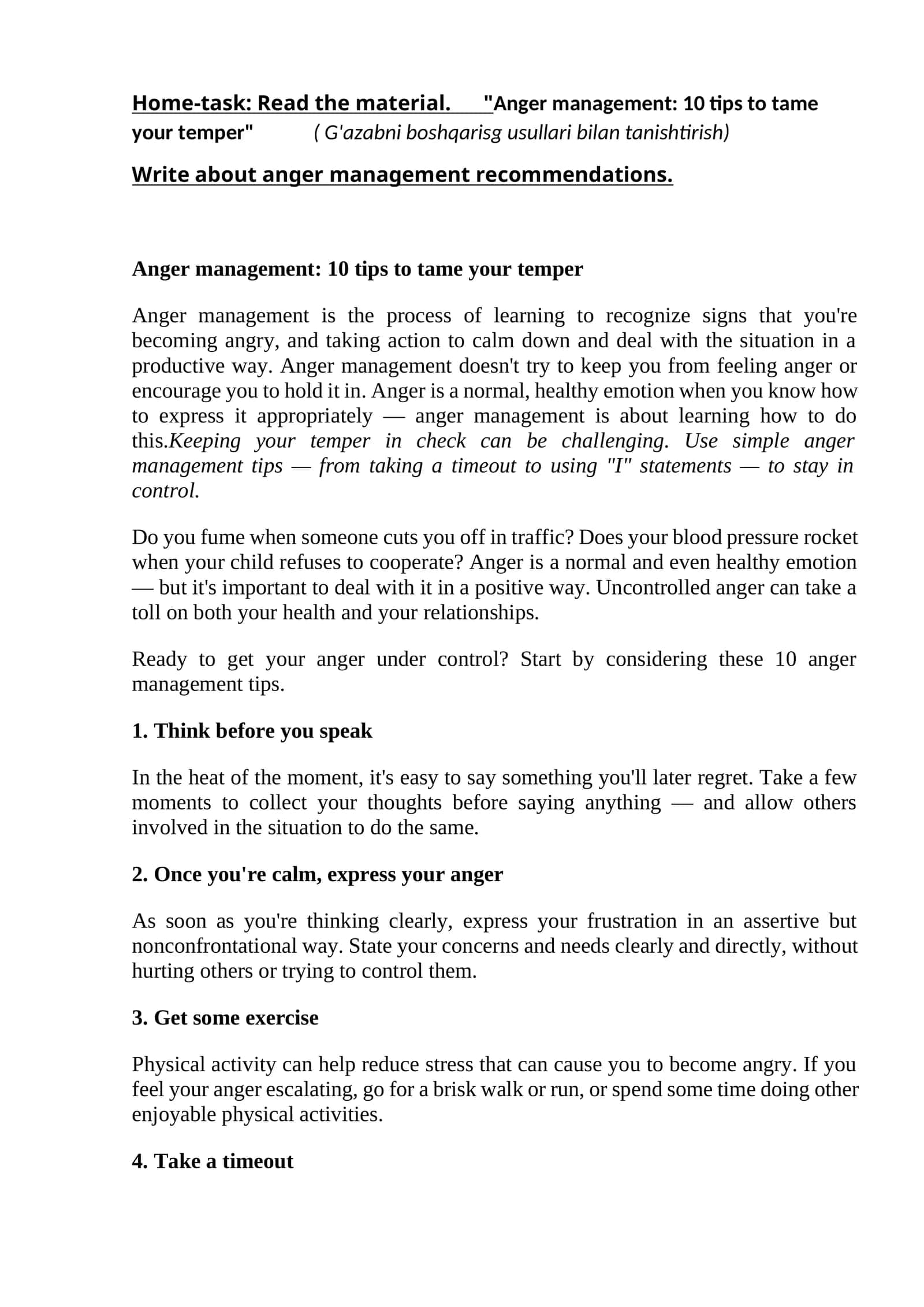 Anger management: 10 tips to tame your temper (G'azabni boshqarisg usullari bilan tanishtirish) 1