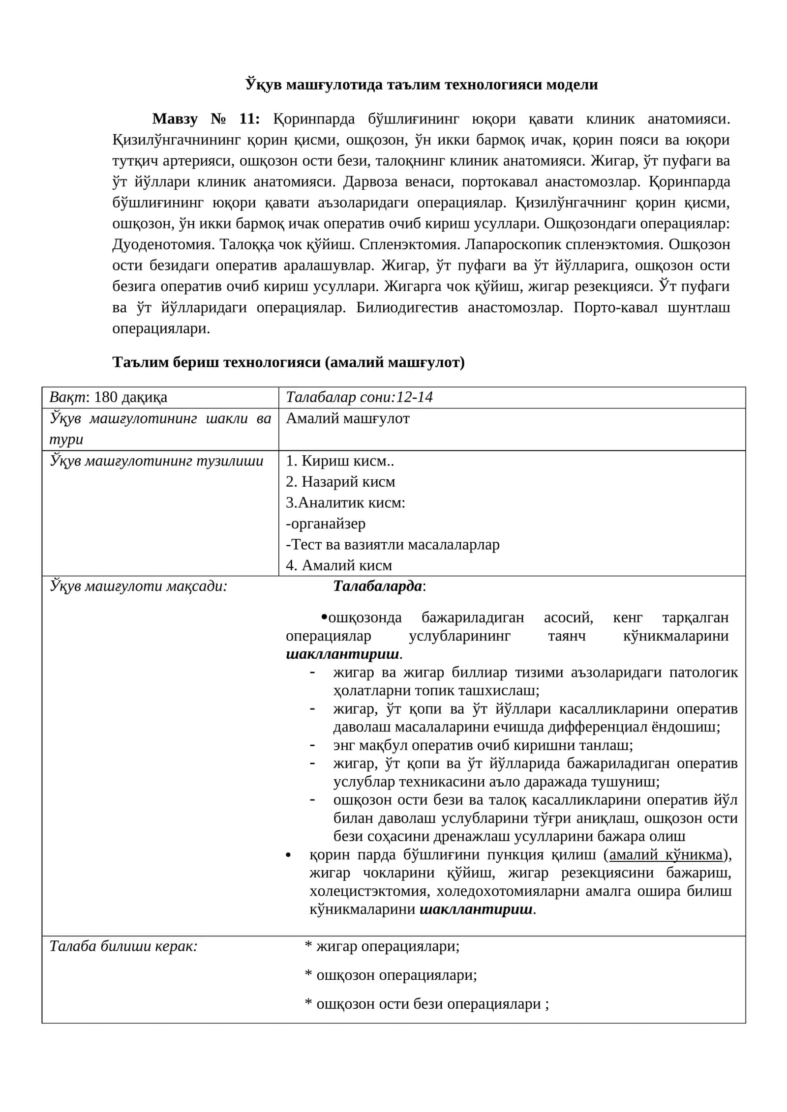 Мавзу № 11: Қоринпарда бўшлиғининг юқори қавати клиник анатомияси 1