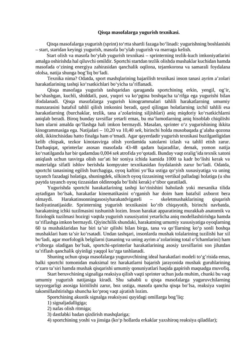 Qisqa masofalarga yugurish texnikasi 1