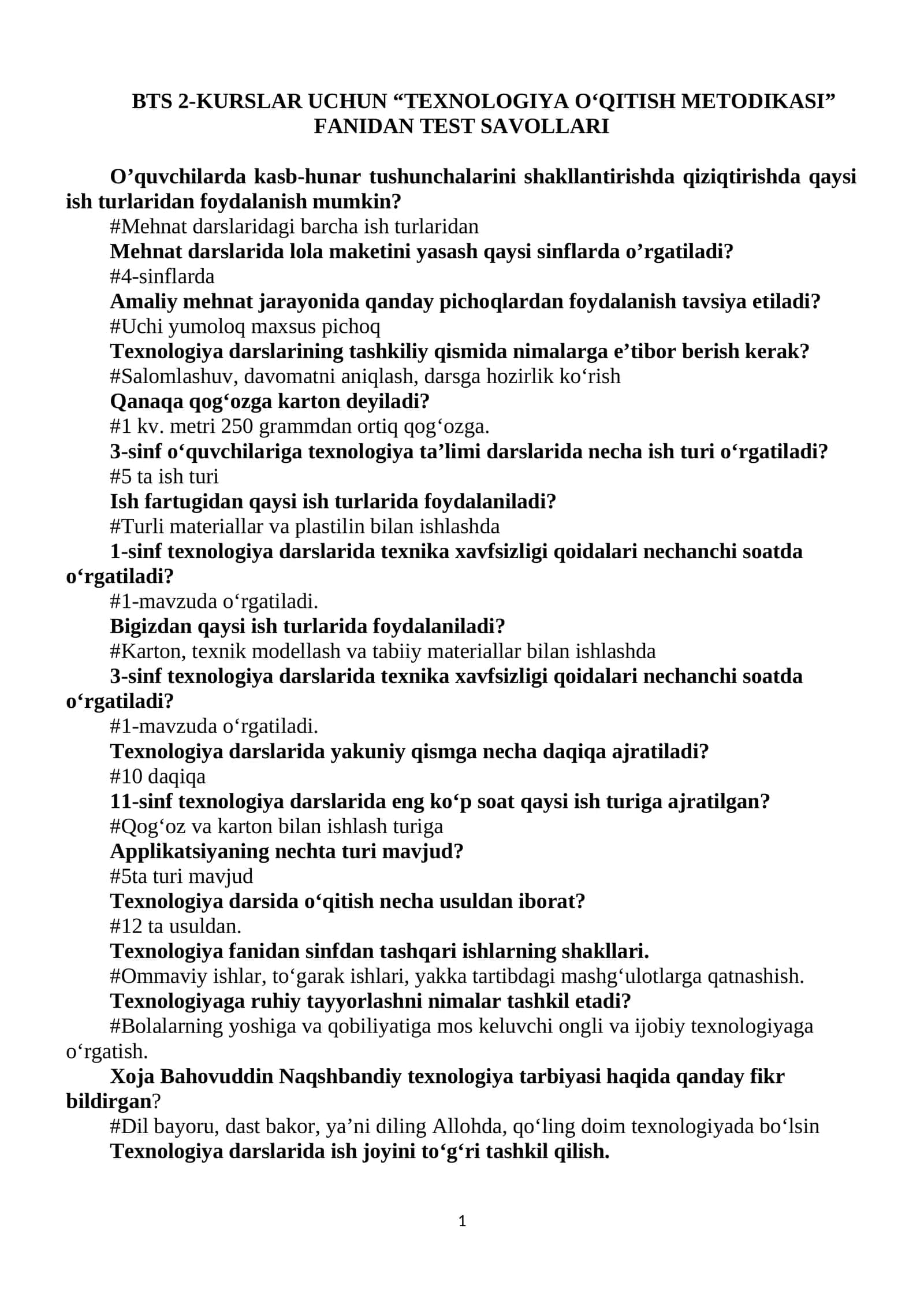 Texnologiya O‘qitish Metodikasi Test Savollari 1