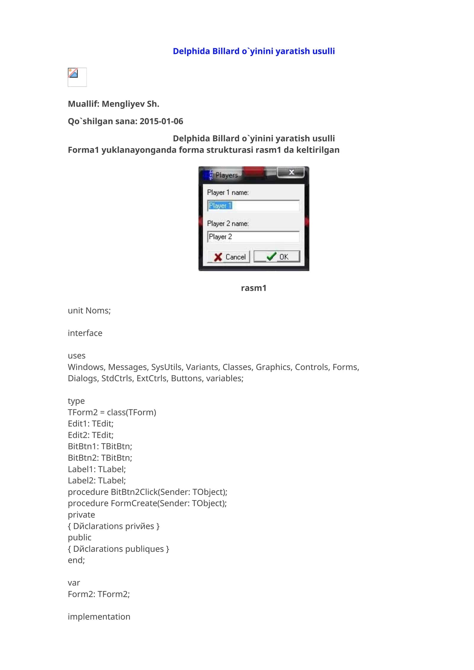 Delphida Billard o`yinini yaratish usulli 1