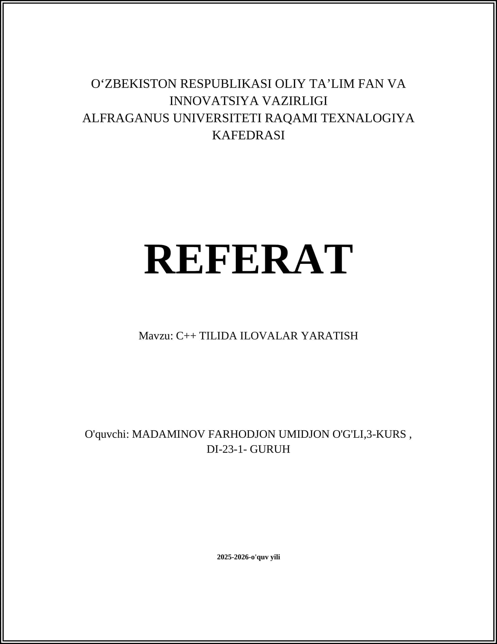C++ TILIDA ILOVALAR YARATISH 1